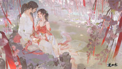 Rule 34 | 1boy, 1girl, black hair, closed mouth, dress, flower, full body, hagoromo, hand on another&#039;s face, highres, lily pad, looking at another, medium hair, original, pants, ponytail, red dress, rock, second-party source, shawl, shirt, skirt, smile, stluthien lululu, streamers, water, white pants, white shirt, white skirt, wisteria