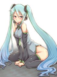 Rule 34 | 1girl, aqua hair, arm support, blush, bottomless, breasts squeezed together, breasts, checkered floor, detached sleeves, female focus, floor, hair between eyes, hatsune miku, headphones, headset, kagami uekusa, large breasts, long hair, necktie, no pants, sitting, smile, solo, thighhighs, twintails, very long hair, vocaloid, wariza