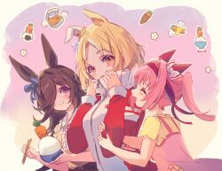 Rule 34 | 3girls, animal ears, arm hug, blonde hair, blue eyes, bowl, breasts, brown hair, carrot, chopsticks, closed eyes, collared shirt, commentary request, dress, ear covers, food, hair over one eye, hairband, haru urara (umamusume), high collar, holding, holding bowl, holding chopsticks, horse ears, jacket, long hair, long sleeves, looking at another, multiple girls, narita top road (umamusume), onigiri, open mouth, orange eyes, pink dress, pink hair, ponytail, purple eyes, rice, rice bowl, rice shower (umamusume), shirt, short hair, signature, small breasts, smile, track jacket, umamusume, umamusume: road to the top, upper body, welchino, yellow shirt