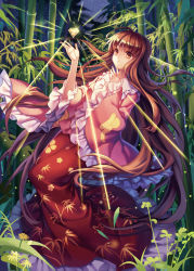 Rule 34 | 1girl, alternate eye color, alternate hair color, bamboo, bamboo forest, brown eyes, brown hair, collar, diamond (gemstone), expressionless, fireflies, floating, floating hair, floral print, forest, frilled collar, frilled shirt collar, frilled skirt, frilled sleeves, frills, full body, glowing, gold diamond, grass, hands up, houraisan kaguya, light rays, long hair, long skirt, long sleeves, maroon skirt, mirror (xilu4), nature, night, night sky, open hands, pink shirt, shirt, skirt, sky, solo, star (sky), starry sky, touhou, very long hair
