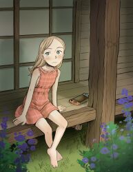Rule 34 | 1girl, absurdres, averting eyes, bare arms, bare shoulders, barefoot, blonde hair, blush, closed mouth, commentary, crossed ankles, dress, english commentary, expressionless, flower, grass, grey eyes, handheld game console, highres, nintendo switch, original, pokoro, red dress, shouji, sideways glance, sitting, sleeveless, sleeveless dress, sliding doors, solo, traditional media, veranda, wooden floor