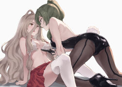 Rule 34 | 2girls, all fours, alternate costume, ass, backless leotard, black footwear, black leotard, black pantyhose, bow, bow bra, bra, breasts, brown eyes, brown hair, commentary, cutting clothes, english commentary, eye contact, fake tail, green hair, grey background, grin, hair between eyes, high heels, highleg, highleg leotard, highres, holding, holding scissors, jojobirdz, leotard, long hair, long hair between eyes, looking at another, medium breasts, multiple girls, pantyhose, playboy bunny, purple eyes, rabbit tail, red skirt, scissors, seamed legwear, sense (sousou no frieren), side-seamed legwear, skirt, smile, sousou no frieren, strapless, strapless leotard, tail, thighhighs, ubel (sousou no frieren), underwear, very long hair, white bra, white thighhighs