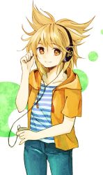 Rule 34 | 1girl, alternate costume, brown eyes, brown hair, cable, contemporary, denim, digital media player, female focus, headphones, holding, hood, hooded jacket, jacket, jeans, makuwauri, pants, shirt, short hair, smile, solo, striped clothes, striped shirt, touhou, toyosatomimi no miko