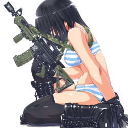 Rule 34 | 1girl, airsoft, assault rifle, bad id, bad pixiv id, bikini, black gloves, black hair, black thighhighs, blue bikini, boots, bra, breasts, character request, dd (ijigendd), faceless, faceless female, gloves, gun, highres, kneeling, m4 carbine, on one knee, panties, rifle, short hair, simple background, sitting, solo, strap, striped bikini, striped bra, striped clothes, striped panties, swimsuit, thighhighs, underwear, underwear only, weapon, white background