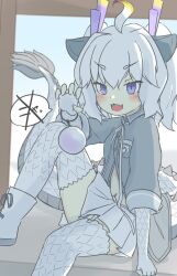 Rule 34 | 1girl, ahoge, character request, chinese zodiac, claw pose, copyright request, dragon girl, dragon horns, dragon tail, fang, fingerless gloves, gloves, horns, new year, onefiresticks, open mouth, purple eyes, shoes, solo, speech bubble, tail, thighhighs, year of the dragon, zettai ryouiki