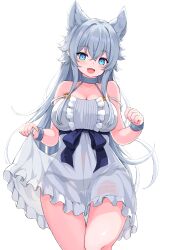 Rule 34 | 1girl, animal ears, black panties, blue eyes, blue ribbon, bluekalmia, breasts, cleavage, clothes lift, dress, dress lift, extra ears, eyebrows hidden by hair, feet out of frame, fenrys, grey wrist cuffs, hair between eyes, highres, large breasts, lifted by self, long hair, looking at viewer, lv2 kara cheat datta moto yuusha kouho no mattari isekai life, o-ring strap, open mouth, panties, ribbon, see-through, see-through dress, simple background, smile, solo, thigh gap, underwear, very long hair, waist ribbon, white background, white dress, white hair, wolf ears