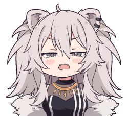 Rule 34 | 1girl, ahoge, animal ears, black shirt, blush, commentary request, fangs, fur-trimmed jacket, fur trim, grey eyes, grey hair, hair between eyes, hololive, jacket, jewelry, kukie-nyan, lion ears, lion girl, long hair, looking at viewer, necklace, open clothes, open mouth, open shirt, shirt, shishiro botan, shishiro botan (1st costume), sidelocks, solo, transparent background, virtual youtuber