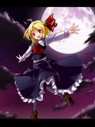 Rule 34 | 1girl, blonde hair, cloud, dress, embodiment of scarlet devil, fang, female focus, flying, full moon, hair ribbon, kimagure ringo, letterboxed, moon, night, open mouth, outstretched arms, pantyhose, red eyes, ribbon, rumia, short hair, smile, solo, spread arms, touhou