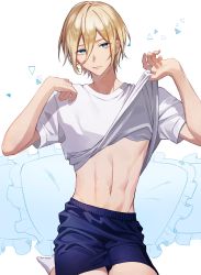 Rule 34 | 1boy, 55mot0, bishounen, black shorts, blonde hair, blue eyes, closed mouth, clothes lift, commentary request, ensemble stars!, expressionless, eyelashes, frilled pillow, frills, hair between eyes, hands up, highres, lifting own clothes, looking at viewer, loungewear, male focus, navel, pillow, seiza, shirt, shirt lift, short sleeves, shorts, sidelocks, sitting, socks, solo, stomach, t-shirt, tenshouin eichi, white shirt, white socks