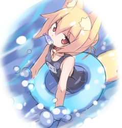 Rule 34 | 1girl, animal ear fluff, animal ears, bare shoulders, bell, black one-piece swimsuit, blonde hair, borrowed character, breasts, collar, commentary request, fox ears, fox girl, fox tail, hair between eyes, hair bun, innertube, jingle bell, karukan (monjya), kemomimi-chan (naga u), long hair, looking at viewer, mouth hold, neck bell, one-piece swimsuit, original, partially submerged, red collar, red eyes, school swimsuit, single hair bun, small breasts, solo, swim ring, swimsuit, tail, water