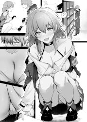 Rule 34 | 1boy, 1girl, ?, absurdres, aisutei, bare shoulders, breasts, caelus (honkai: star rail), cleavage, coat, collarbone, commentary request, fingerless gloves, gloves, greyscale, highres, honkai: star rail, honkai (series), looking at viewer, march 7th (honkai: star rail), medium breasts, monochrome, open mouth, paid reward available, panties, pleated skirt, skirt, sleeves rolled up, smile, spoken question mark, squatting, standing, trailblazer (honkai: star rail), underwear