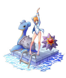 Rule 34 | 1girl, absurdres, creatures (company), feet, game freak, gen 1 pokemon, green eyes, gym leader, hand up, highres, jacket, lapras, le yao, misty (pokemon), nintendo, one-piece swimsuit, open clothes, open jacket, pokemon, pokemon (creature), pokemon hgss, sandals, short hair, smile, starmie, swimsuit, water, white one-piece swimsuit