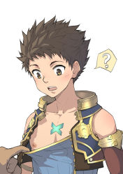 Rule 34 | 1boy, ?, brown hair, child, clothes pull, highres, male focus, nintendo, nipples, rex (xenoblade), shirt pull, simple background, solo focus, spoken question mark, upper body, white background, xenoblade chronicles (series), xenoblade chronicles 2, yellow eyes