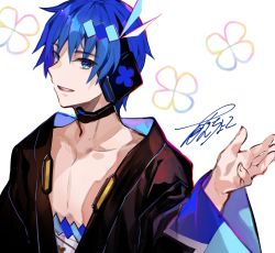 Rule 34 | 1boy, black robe, blue eyes, blue hair, cherry blossom print, commentary, floral print, fuzichoco, headphones, highres, japanese clothes, kaito (vocaloid), looking at viewer, magical mirai (vocaloid), magical mirai kaito, male focus, open clothes, open robe, robe, sarashi, signature, smile, vocaloid, white background