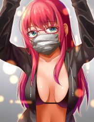 Rule 34 | 1girl, bad id, bad pixiv id, bikini, bikini top only, black bikini, blue eyes, breasts, collarbone, covered mouth, drawstring, eyebrows, eyelashes, glasses, grey background, hands up, head tilt, highres, jacket, jacket over swimsuit, large breasts, lens flare, long hair, long sleeves, looking at viewer, mask, mouth mask, neri sachiko, open clothes, open jacket, original, pink-framed eyewear, solo, surgical mask, swimsuit, upper body