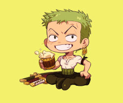 Rule 34 | 1boy, beer mug, blush, chibi, crossed legs, cup, earrings, green hair, grin, highres, jewelry, male focus, mug, no.6 (numberr 6), one piece, roronoa zoro, short hair, single earring, sitting, smile, solo, sword, toned, toned male, weapon