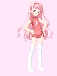 Rule 34 | 1girl, :&lt;, blush, blush stickers, china dress, chinese clothes, dress, empty x embryo, feet, flat chest, frown, fushimi makina, highres, kobuichi, long hair, muririn, pink eyes, pink hair, simple background, solo, standing, thighhighs
