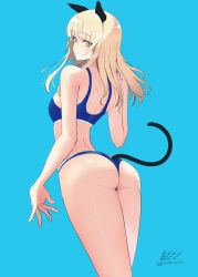 Rule 34 | 1girl, absurdres, animal ears, ass, bikini, blonde hair, blue background, blue bikini, breasts, cat ears, cat tail, from behind, glasses, highres, long hair, looking at viewer, perrine h. clostermann, small breasts, solo, strike witches, swimsuit, tail, thighs, twitter username, varie7k, white background, world witches series, yellow eyes