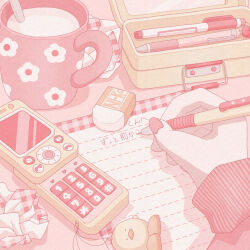 Rule 34 | 1girl, cellphone, cellphone charm, charm (object), commentary, crumpled paper, cup, drink, eraser, fingernails, highres, holding, holding pencil, long sleeves, mechanical pencil, mug, nail polish, nekomaru0817, original, paper, pencil, pencil case, phone, pink nails, pov, pov hands, shadow, sleeves past wrists, solo, spoon, symbol-only commentary, translation request, writing