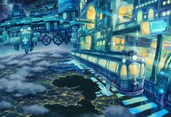 Rule 34 | above clouds, city lights, cloud, cloudy sky, commentary request, earth (planet), fantasy, horizon, kemi neko, lake, light, night, no humans, ocean, original, outdoors, planet, railroad tracks, scenery, science fiction, sign, sky, space, space station, star (sky), starry sky, train, train station