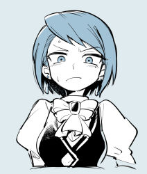 Rule 34 | 1girl, ace attorney, ascot, black vest, blue eyes, blue hair, closed mouth, earrings, franziska von karma, gem, jewelry, looking at viewer, mole, mole under eye, nono (norabi), shirt, short hair, simple background, solo, sweatdrop, upper body, vest, white shirt