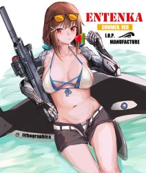 Rule 34 | 1girl, absurdres, artist name, bikini, bra, breasts, brown hair, brown shorts, bullpup, closed mouth, collarbone, english text, eyewear on head, food, girls&#039; frontline, gun, highres, holding, holding food, holding weapon, js 9 (girls&#039; frontline), js 9 (orca&#039;s journey) (girls&#039; frontline), js 9 mm, lithographica, long hair, looking at viewer, mechanical arms, medium breasts, navel, official alternate costume, popsicle, red eyes, shorts, simple background, sitting, solo, submachine gun, suppressor, swimsuit, twitter username, underwear, watermelon bar, weapon, white bikini, white bra