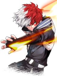 Rule 34 | 1boy, absurdres, belt, black bodysuit, blue eyes, bodysuit, boku no hero academia, burn scar, closed mouth, commentary, cowboy shot, cropped legs, fingerless gloves, fire, gloves, heterochromia, highres, kai2 ly, looking to the side, male focus, multicolored hair, outstretched arm, pyrokinesis, red hair, scar, scar on face, short hair, signature, simple background, solo, split-color hair, todoroki shouto, two-tone hair, white background, white hair