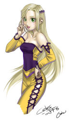 Rule 34 | 1990s (style), 1girl, blonde hair, celes chere, detached sleeves, female focus, final fantasy, final fantasy vi, goh1090, green eyes, long hair, open mouth, retro artstyle, solo, white background