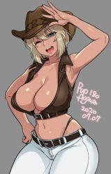 Rule 34 | 1girl, ;), agawa ryou, arm up, armpits, artist name, belt, blue eyes, breasts, cleavage, commentary, cowboy, cowboy hat, dark skin, dark-skinned female, dated, denim, english commentary, fang, grey background, hair between eyes, hand on own hip, hat, highleg, highleg panties, jeans, large breasts, light brown hair, midriff, mole, mole on thigh, navel, one eye closed, open mouth, original, panties, pants, salute, short hair, sleeveless, smile, solo, tan, thick thighs, thighs, underwear, vest, cowboy western
