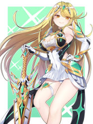 Rule 34 | 1girl, absurdres, aegis sword (xenoblade), bare legs, bare shoulders, blonde hair, breasts, chest jewel, cleavage, cleavage cutout, clothing cutout, dress, earrings, elbow gloves, gloves, headpiece, highres, hiruclimbing, jewelry, large breasts, long hair, mythra (xenoblade), short dress, solo, swept bangs, thigh strap, tiara, very long hair, white dress, white gloves, xenoblade chronicles (series), xenoblade chronicles 2, yellow eyes