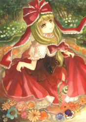 Rule 34 | 1girl, bad id, bad pixiv id, blouse, bodice, curtsey, front ponytail, green eyes, green hair, hair ribbon, keiko (mitakarawa), lace, lace-trimmed skirt, lace trim, long skirt, puffy short sleeves, puffy sleeves, red skirt, ribbon, shirt, short sleeves, skirt, smile, solo, touhou, underbust, wading, white shirt