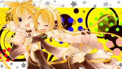 Rule 34 | 1boy, 1girl, arm warmers, blonde hair, blue eyes, brother and sister, detached sleeves, hair ornament, hair ribbon, hairclip, headphones, hetero, highres, hug, kagamine len, kagamine len (append), kagamine rin, kagamine rin (append), leg warmers, ribbon, short hair, siblings, smile, twins, ume cake, vocaloid, vocaloid append, wince