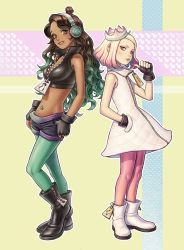 Rule 34 | 2girls, ankle boots, back-to-back, black footwear, black gloves, black shorts, boots, breasts, commentary request, cropped vest, crown, dark-skinned female, dark skin, dress, fingerless gloves, flat chest, full-length zipper, full body, gloves, gradient hair, green eyes, green legwear, grey eyes, hand in pocket, headphones, highres, humanization, inkling, jyolin manula, korean commentary, lips, long hair, looking at viewer, marina (splatoon), medium breasts, mole, mole under mouth, multicolored hair, multiple girls, navel, navel piercing, nintendo, octoling, pantyhose, pearl (splatoon), piercing, pink hair, pink legwear, pointing, pointing at self, popped collar, short hair, shorts, sleeveless, sleeveless dress, splatoon (series), splatoon 2, thumb in pocket, topknot, two-tone hair, unzipped, vest, wavy hair, white dress, white footwear, white hair, wireless, zipper, zipper footwear, zipper pull tab