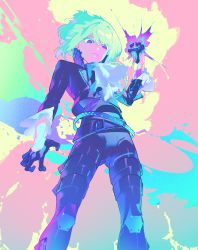 Rule 34 | 1boy, absurdres, belt, black gloves, closed mouth, frilled sleeves, frills, gloves, green hair, half gloves, highres, km (ksolee1201), knee pads, lio fotia, looking down, male focus, medium hair, promare, purple eyes, solo, tight clothes