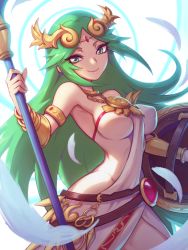 Rule 34 | 1girl, armlet, bare shoulders, bracer, breasts, buckler, closed mouth, cowboy shot, dress, feathers, green eyes, green hair, highres, jewelry, kid icarus, liyart, long hair, looking at viewer, medium breasts, necklace, nintendo, one breast out, palutena, revealing clothes, shield, sidelocks, smile, solo, staff, very long hair, white dress