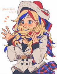 Rule 34 | 1girl, anchor hair ornament, beret, blonde hair, blue eyes, blue hair, blush, breasts, commandant teste (kancolle), hair ornament, hair scarf, hat, jacket, kantai collection, long hair, long sleeves, multicolored hair, one-hour drawing challenge, pom pom (clothes), red hair, simple background, skirt, solo, streaked hair, sumoffu, twitter username, upper body, white background, white hair