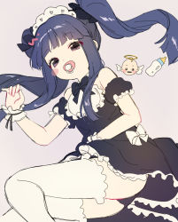 Rule 34 | baby, baby bottle, bare arms, bare shoulders, bib, black panties, blue hair, blush, bottle, bow, bowtie, clothing cutout, cuffs, dress, flat chest, frilled cuffs, frilled dress, frilled sleeves, frilled thighhighs, frills, furude rika, hair bow, highres, higurashi no naku koro ni, long hair, looking at viewer, lying, maid, maid headdress, napenasupe, on side, pacifier, pale skin, panties, pantyshot, pinky out, purple eyes, short sleeves, shoulder cutout, simple background, solo, thighhighs, two side up, underwear, white thighhighs, zettai ryouiki