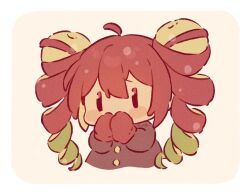 Rule 34 | 1girl, ahoge, apple, apple peel, artist name, black coat, blush stickers, border, buttons, chibi, coat, commentary request, covering own mouth, cropped torso, food, food-themed hair, fruit, green hair, long hair, long sleeves, mittens, multicolored hair, original, red hair, red mittens, rounded corners, solo, tetolapis, white border, | |