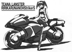 Rule 34 | 00s, 1girl, character name, greyscale, lyrical nanoha, mahou shoujo lyrical nanoha, mahou shoujo lyrical nanoha strikers, mikage nao, monochrome, motor vehicle, motorcycle, solo, teana lanster, thighhighs, vehicle