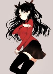 Rule 34 | 1girl, black hair, black ribbon, black skirt, black thighhighs, breasts, commentary request, fate/stay night, fate (series), grey background, hair ribbon, hair spread out, half-closed eyes, korean commentary, long hair, long sleeves, looking at viewer, lpip, miniskirt, parted bangs, pleated skirt, red sweater, ribbon, simple background, skirt, solo, sweater, thighhighs, tohsaka rin, turtleneck, two side up, zettai ryouiki
