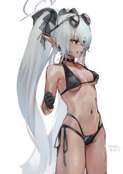 Rule 34 | 1girl, absurdres, angry, bikini, black bikini, black choker, black gloves, blue archive, breasts, choker, cleavage, clenched teeth, commentary request, dark-skinned female, dark skin, eyewear on head, frown, gloves, grey hair, halo, highres, iori (blue archive), long hair, navel, pointy ears, red eyes, simple background, small breasts, solo, standing, sunglasses, swimsuit, teeth, twintails, very long hair, white background, yanyo (ogino atsuki)
