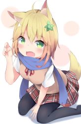 Rule 34 | 1girl, ahoge, animal ears, between legs, black pantyhose, blonde hair, blue scarf, blush, brown hair, commentary request, dog ears, dog girl, dog tail, flower, gabriel dropout, gradient hair, green eyes, green footwear, hair between eyes, hair flower, hair ornament, hand between legs, hand up, highres, kyuukon (qkonsan), looking at viewer, multicolored hair, neck ribbon, no shoes, open mouth, pantyhose, plaid, plaid skirt, pleated skirt, red ribbon, red skirt, ribbon, scarf, shirt, short sleeves, sitting, skirt, solo, sweater vest, tail, tapris chisaki sugarbell, wariza, white shirt