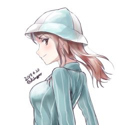 Rule 34 | 1girl, blue hat, blue shirt, brown eyes, brown hair, closed mouth, commentary, dated, didagger, girls und panzer, hat, highres, keizoku school uniform, long hair, long sleeves, looking at viewer, looking back, mika (girls und panzer), one-hour drawing challenge, school uniform, shirt, simple background, smile, solo, striped clothes, striped shirt, twitter username, upper body, vertical-striped clothes, vertical-striped shirt, white background, wind