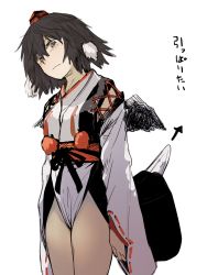 Rule 34 | 1girl, alternate costume, black eyes, black hair, black wings, blush, geppewi, hat, highres, japanese clothes, kourindou tengu costume, long sleeves, looking at viewer, looking down, md5 mismatch, obi, pom pom (clothes), resized, ribbon, sash, shameimaru aya, short hair, simple background, solo, text focus, tokin hat, touhou, white background, wide sleeves, wings