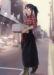 Rule 34 | 1girl, black hair, black skirt, blurry, blurry background, boots, box, brown footwear, building, car, carrying, checkered clothes, checkered shirt, city, clip studio paint (medium), collared shirt, commentary request, depth of field, facing viewer, glasses, highres, houkago teibou nisshi, house, kobu ride, lamp, lamppost, lights, long hair, long skirt, long sleeves, motor vehicle, oono makoto, opaque glasses, outdoors, over-rim eyewear, partial commentary, plaid, plaid shirt, ponytail, power lines, road, scenery, semi-rimless eyewear, shadow, shirt, shop, skirt, sky, sleeves rolled up, smile, solo, street, town, utility pole, vanishing point, walking, yellow sky
