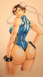Rule 34 | 1girl, ass, ass focus, blue one-piece swimsuit, capcom, chun-li, double bun, from side, frown, hair bun, halterneck, hand on own hip, hand on own thigh, highres, huge ass, looking at viewer, looking back, octavius dp, one-piece swimsuit, scowl, shiny skin, simple background, skin tight, solo, standing, street fighter, swept bangs, swimsuit, thighs, wading, wet, white background, wide hips
