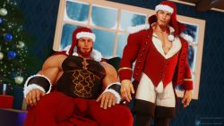 Rule 34 | 2boys, 3d, absurdres, alternate costume, armor, bara, beard, blue eyes, boots, breastplate, brown hair, bulge, cape, christmas, cleavage cutout, clothing cutout, couple, dark-skinned male, dark skin, facial hair, fate/grand order, fate/zero, fate (series), fur-trimmed cape, fur trim, goatee, hat, highres, iskandar (fate), jacket, juhanart, knee boots, large pectorals, leather, leather boots, long sideburns, long sleeves, looking at viewer, male focus, multiple boys, muscular, muscular male, napoleon bonaparte (fate), open clothes, open jacket, pants, partially unbuttoned, pectoral cleavage, pectorals, red cape, red eyes, red hair, red jacket, red pants, santa costume, santa hat, short hair, sideburns, smile, thick thighs, thighs, white pants
