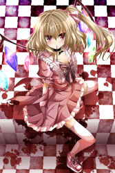 Rule 34 | 1girl, bad id, bad pixiv id, blonde hair, blood, blood splatter, blush, bow, checkered floor, choker, female focus, flandre scarlet, floor, food, hair bow, mouth hold, nanase nao, no headwear, no headwear, perspective, pocky, ponytail, red eyes, short hair, side ponytail, sitting, solo, thighhighs, touhou, white thighhighs, wings, zettai ryouiki
