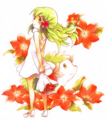 Rule 34 | 00s, 1girl, arms behind back, bare shoulders, bouquet, colored pencil (medium), costume, creatures (company), dress, flower, full body, game freak, gen 4 pokemon, gracidea, green eyes, green hair, hair ornament, legendary pokemon, long hair, marker (medium), mary janes, matching hair/eyes, mixed media, moemon, mythical pokemon, nintendo, no socks, personification, pokemon, pokemon (creature), shaymin, shaymin (land), shoes, simple background, smile, sundress, tachitsu teto, traditional media, white background