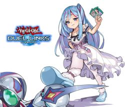 Rule 34 | 1boy, 1girl, aqua footwear, blue hair, card, copyright name, defeat, dress, elemental hero neos, femdom, frilled dress, frills, holding, holding card, long hair, looking at another, lying, multicolored hair, purple eyes, rilliona (yu-gi-oh!), shadow, shoes, smile, stepped on, streaked hair, tamagokake candy, white background, white dress, white legwear, witchcrafter madame verre, yu-gi-oh!, yu-gi-oh! duel links